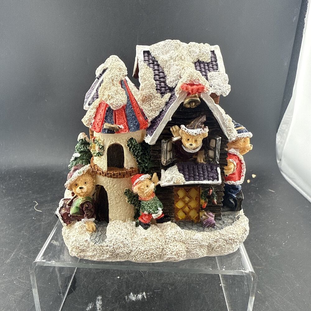 Vintage Christmas Village Snow House Bear Figurine Resin Holiday Decor
